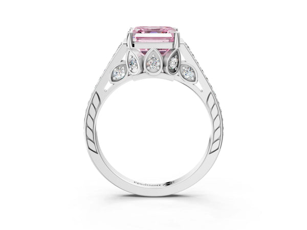 Platinum Asscher Cut Cathedral Engagement Ring Setting for Fancy Pink Center with Pave Shoulders