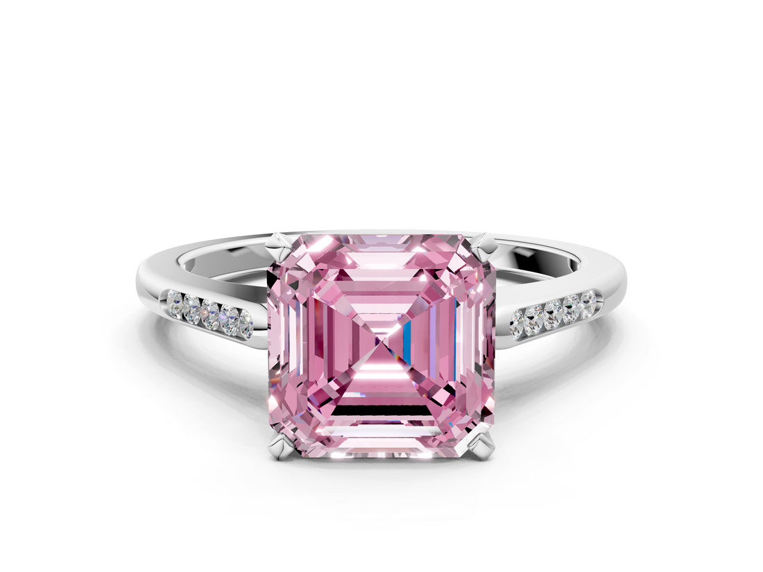 White gold Fancy Pink Asscher  Cut Channel Set Solitaire Engagement Ring with Four-Prong Setting
