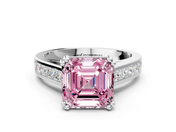 Platinum Asscher Cut Channel Set Solitaire Engagement Ring Setting for Fancy Pink Center with Double Claw Prongs
