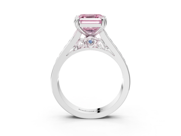 White Gold Asscher Cut Channel Set Solitaire Engagement Ring Setting for Fancy Pink Center with Double Claw Prongs