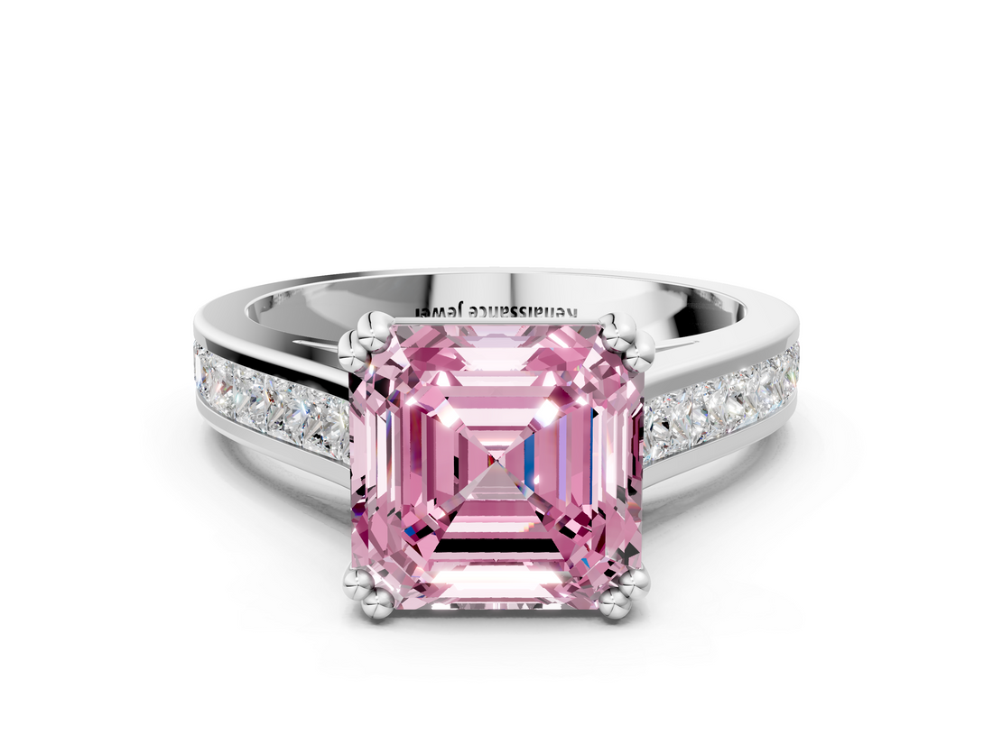 White gold Fancy Pink Asscher  Cut Channel Set Solitaire Engagement Ring with Prong Setting