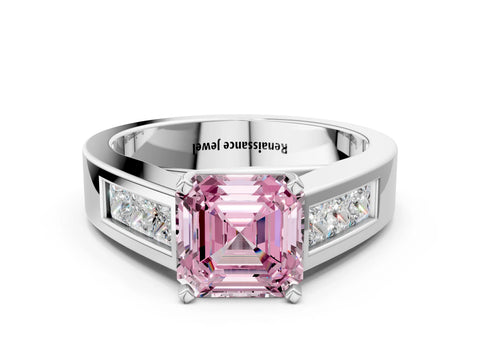 White gold Fancy Pink Asscher Cut Cut Channel Set Solitaire Ring with Four-Prong Setting