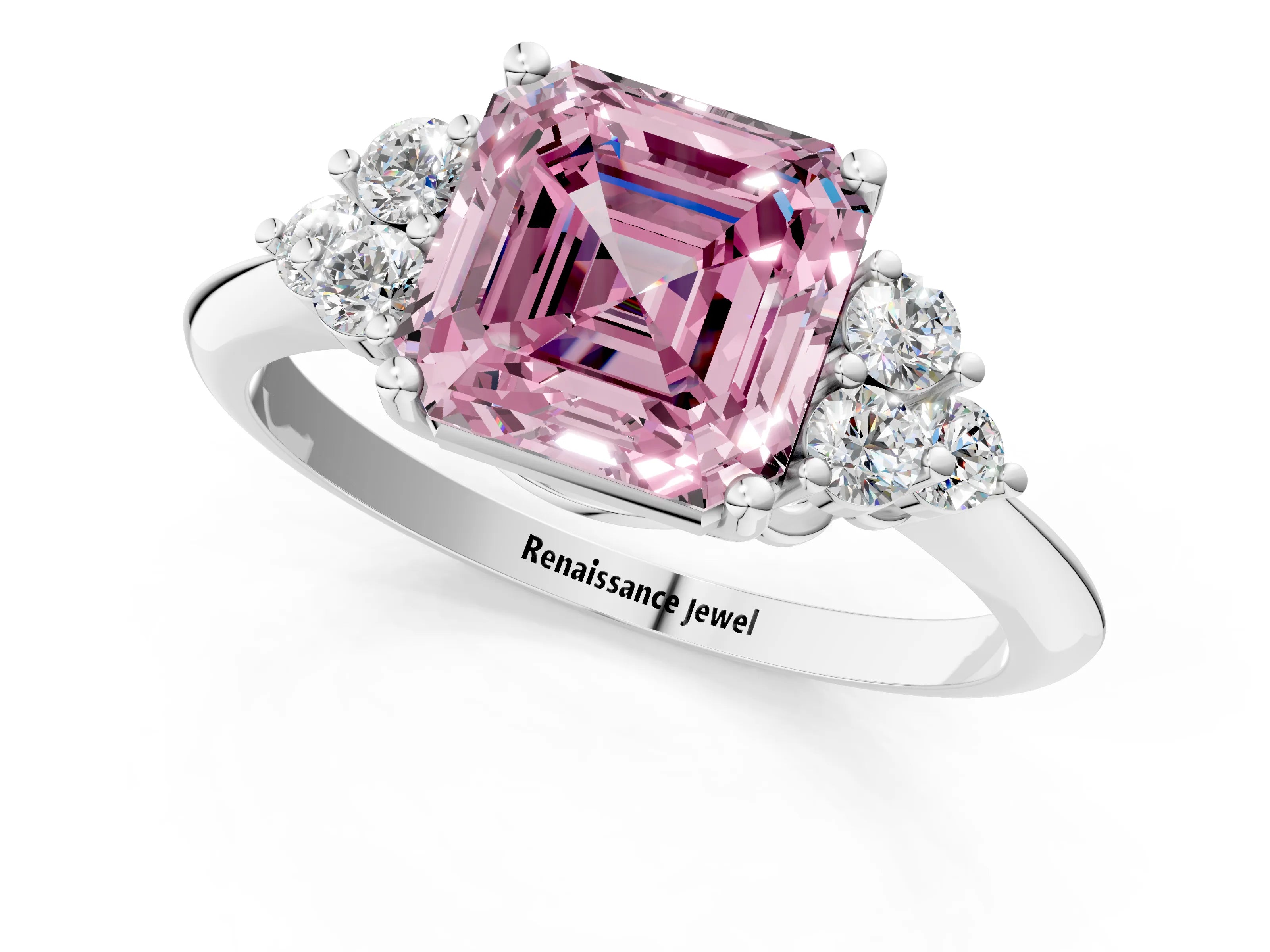 White gold Fancy Pink Asscher Cut Cut Diamond Cluster Ring with Solitaire Band and Four-Prong Setting_1
