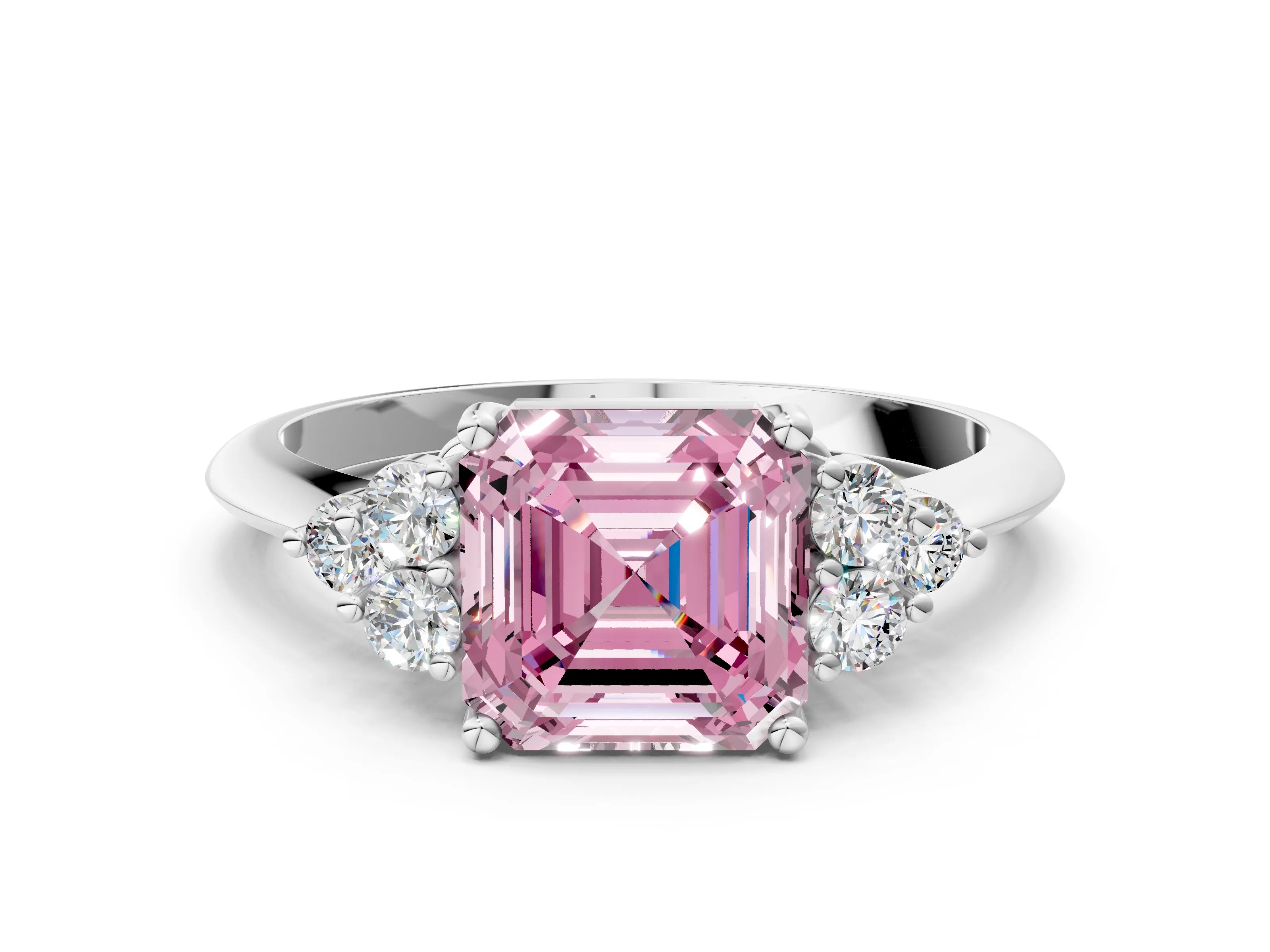White gold Fancy Pink Asscher Cut Cut Diamond Cluster Ring with Solitaire Band and Four-Prong Setting