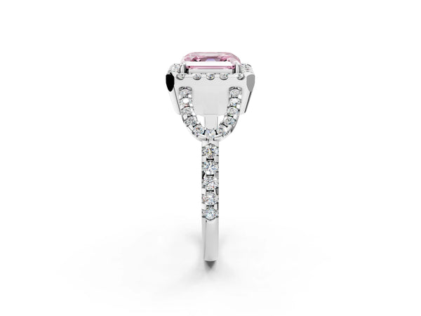 White gold Fancy Pink Asscher Cut Cut Diamond Halo Engagement Ring with Open Split Pavé Band