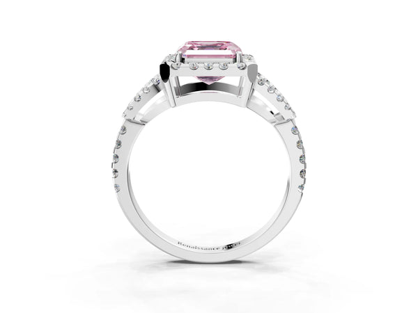 White gold Fancy Pink Asscher Cut Cut Diamond Halo Engagement Ring with Open Split Pavé Band