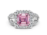White gold Fancy Pink Asscher Cut Cut Diamond Halo Engagement Ring with Open Split Pavé Band