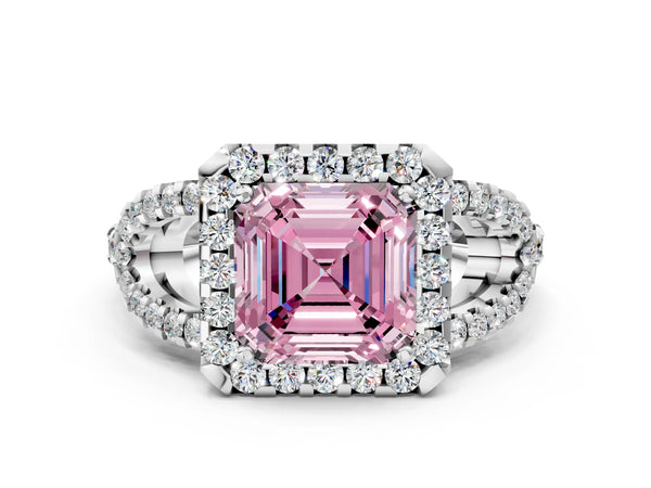 White gold Fancy Pink Asscher Cut Cut Diamond Halo Engagement Ring with Open Split Pavé Band