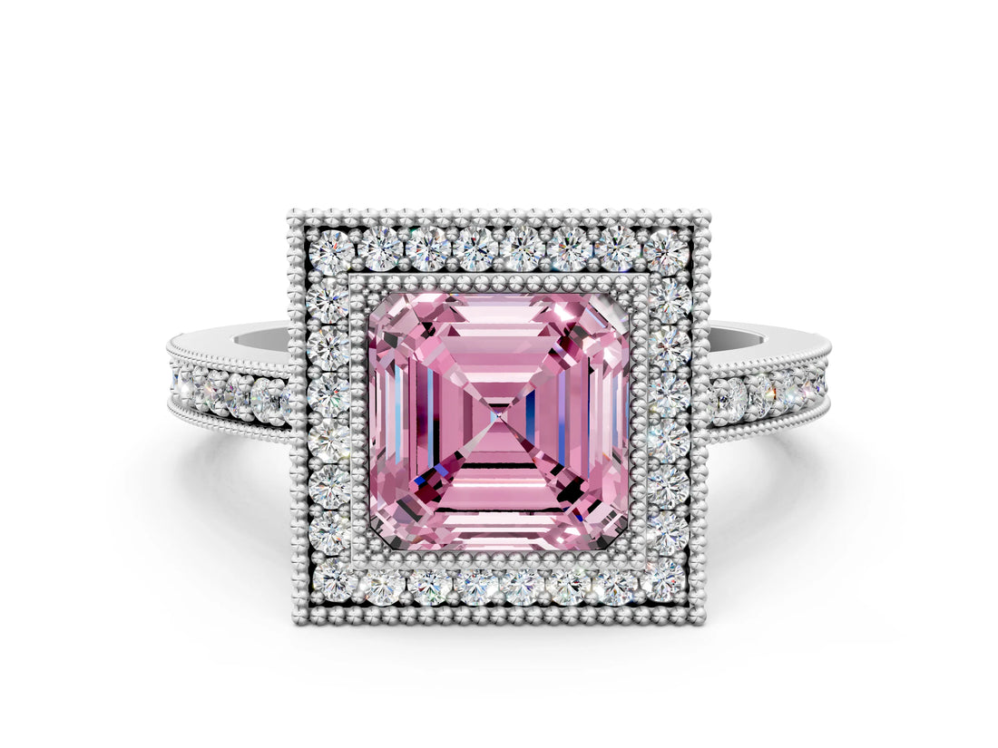 White gold Fancy Pink Asscher Cut-Cut Diamond Halo Engagement Ring with Pave Band and Prong Setting