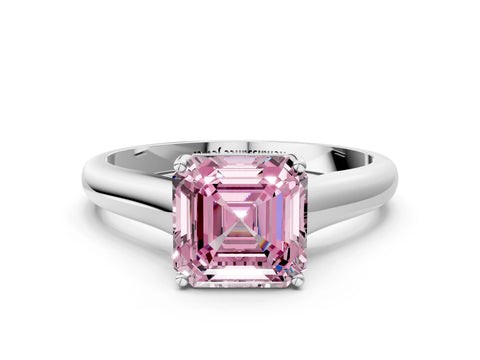 White gold Fancy Pink Asscher Cut Cut Diamond Solitaire Engagement Ring with Tapered Plain Band and Four-Prong Setting