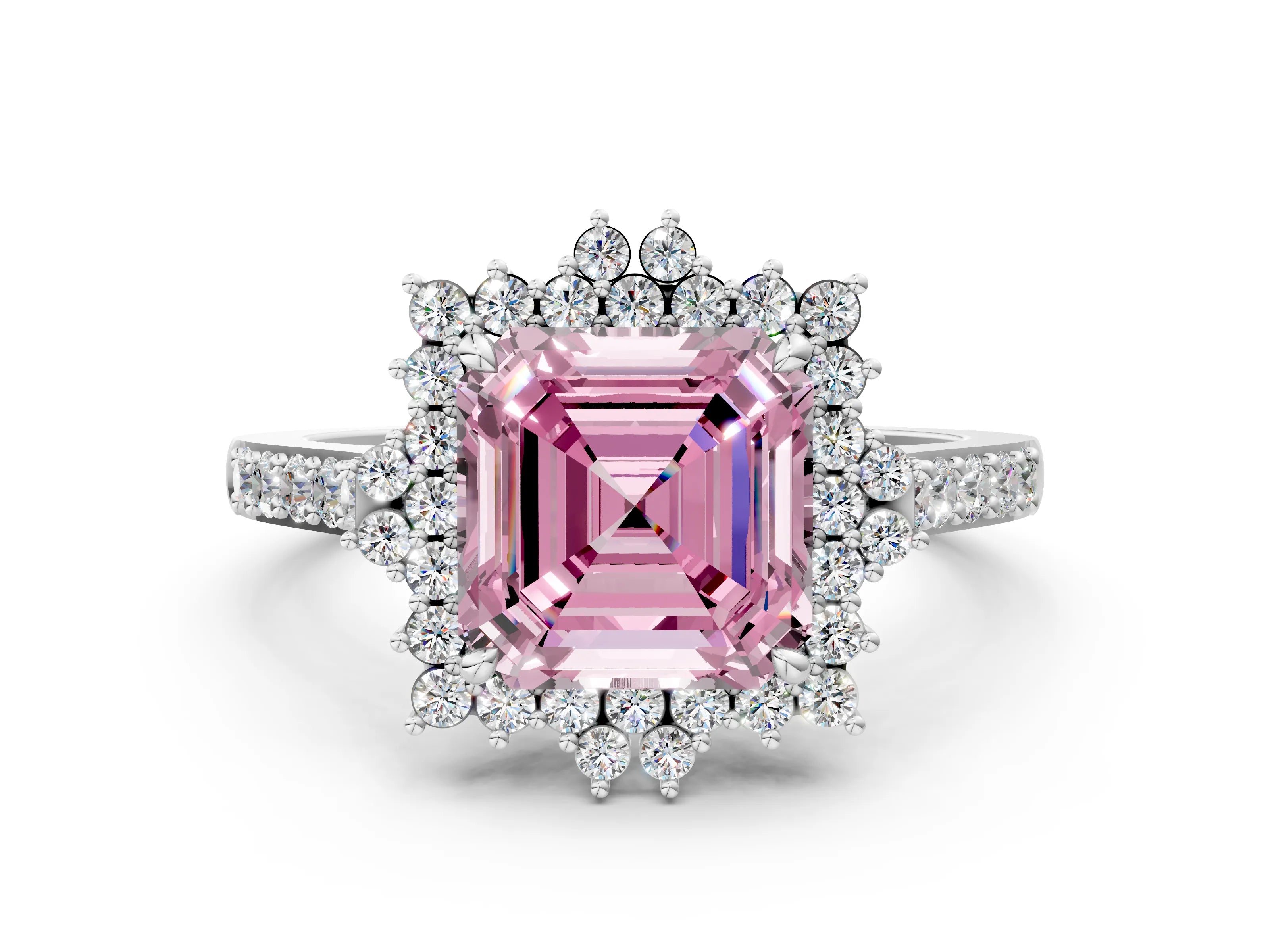 White gold Fancy Pink Asscher Cut Cut Diamond Sunburst Halo Engagement Ring with Pavé Band_12