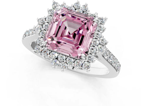 White gold Fancy Pink Asscher Cut Cut Diamond Sunburst Halo Engagement Ring with Pavé Band_13