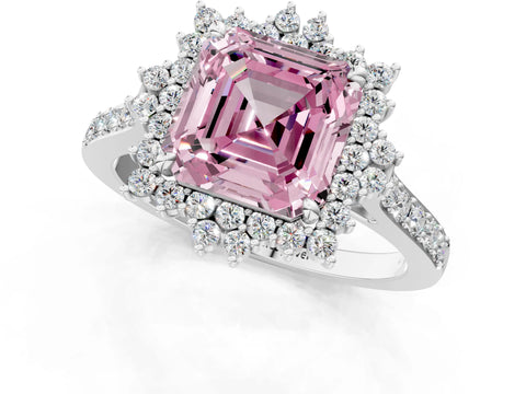 White gold Fancy Pink Asscher Cut Cut Diamond Sunburst Halo Engagement Ring with Pavé Band_1