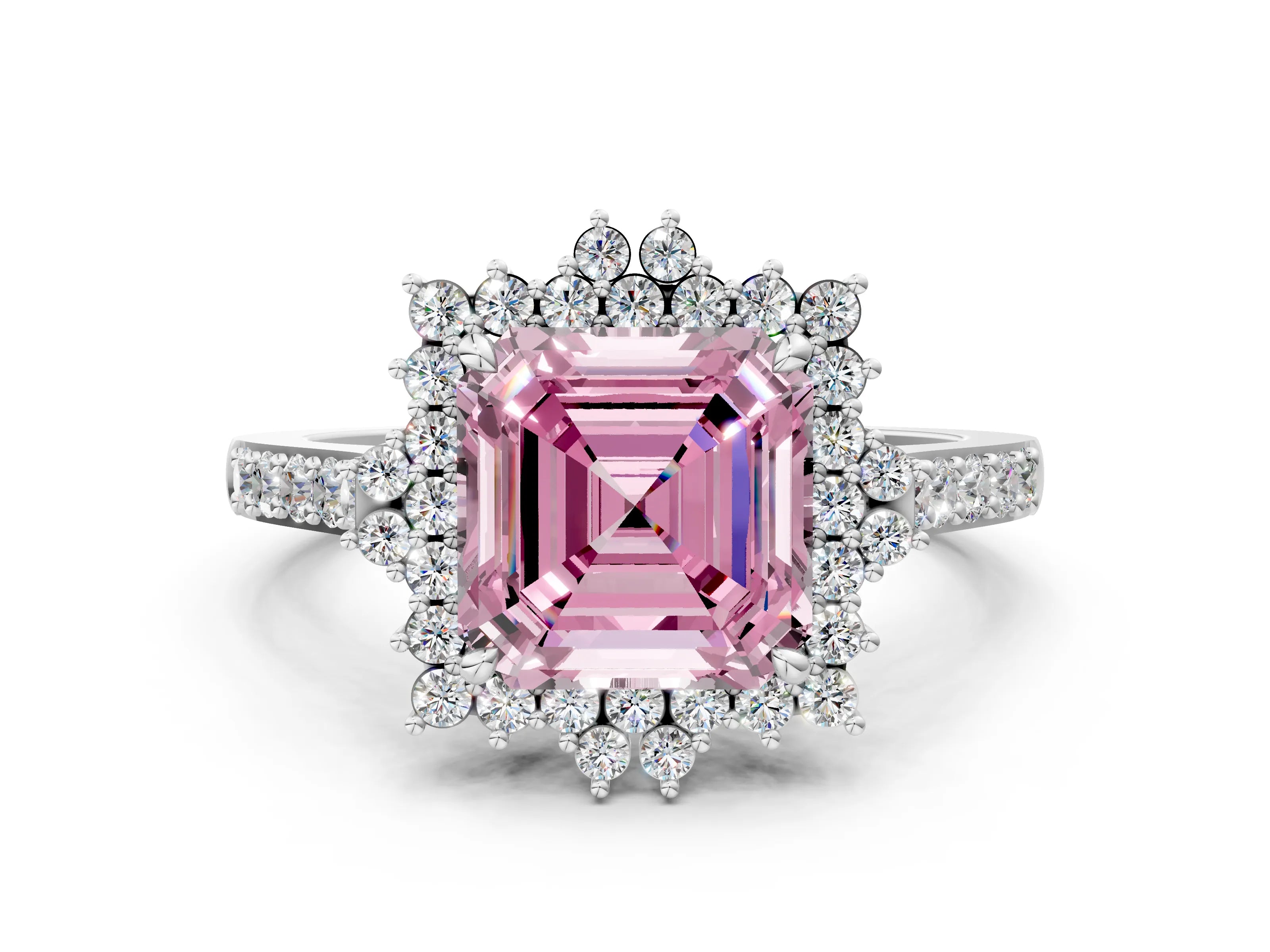 White gold Fancy Pink Asscher Cut Cut Diamond Sunburst Halo Engagement Ring with Pavé Band