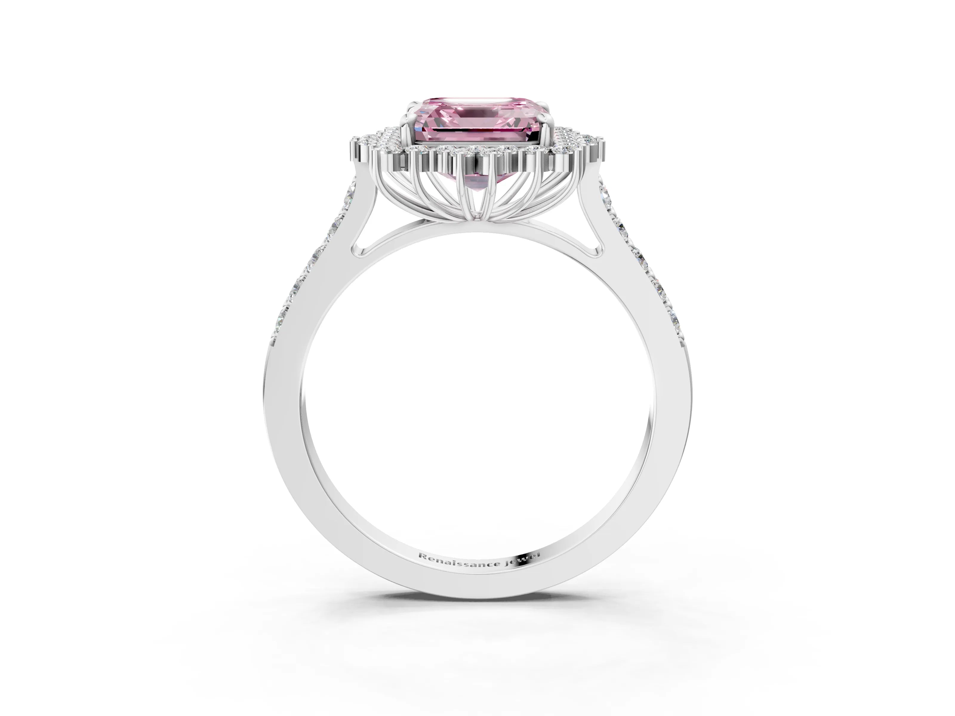 White gold Fancy Pink Asscher Cut Cut Diamond Sunburst Halo Engagement Ring with Pavé Band_3