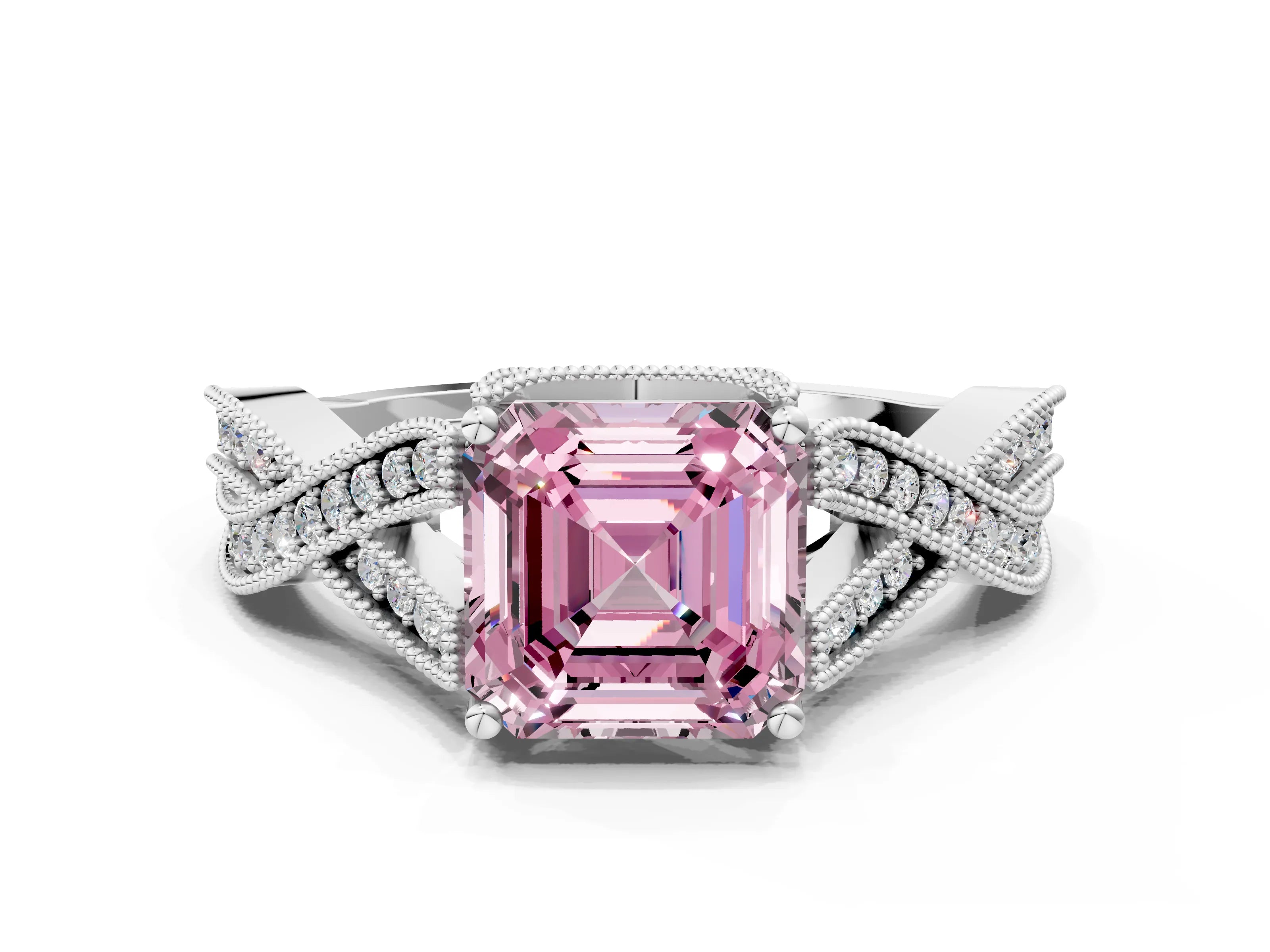 White gold Fancy Pink Asscher Cut Cut Diamond Twisted Band with Milgrain Pave Setting and Four-Prong Setting