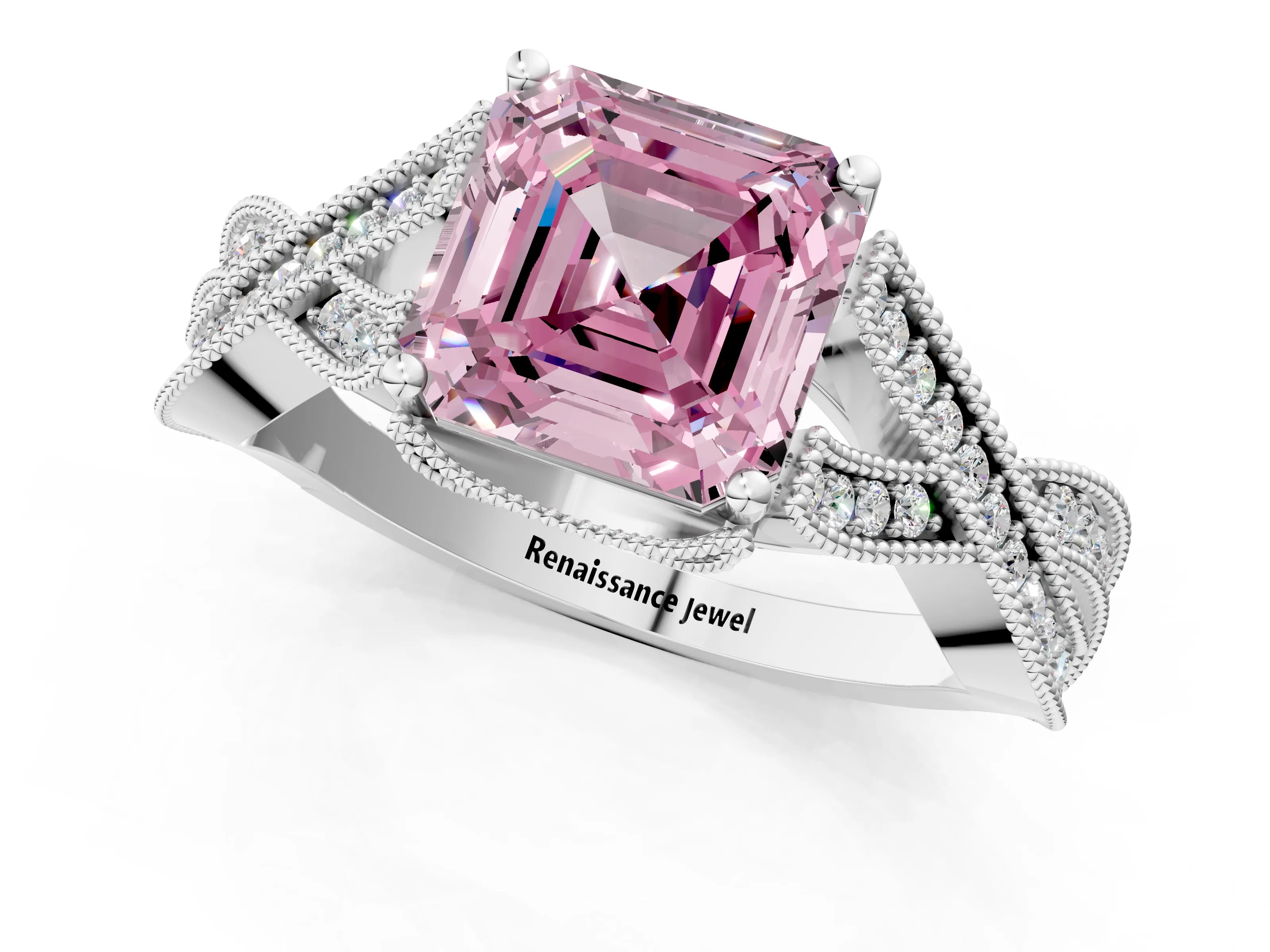 White gold Fancy Pink Asscher Cut Cut Diamond Twisted Band with Milgrain Pave Setting and Four-Prong Setting_1