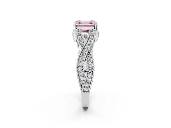 White Gold Asscher Cut Graduated Pave Twist Engagement Ring Setting for Fancy Pink Center
