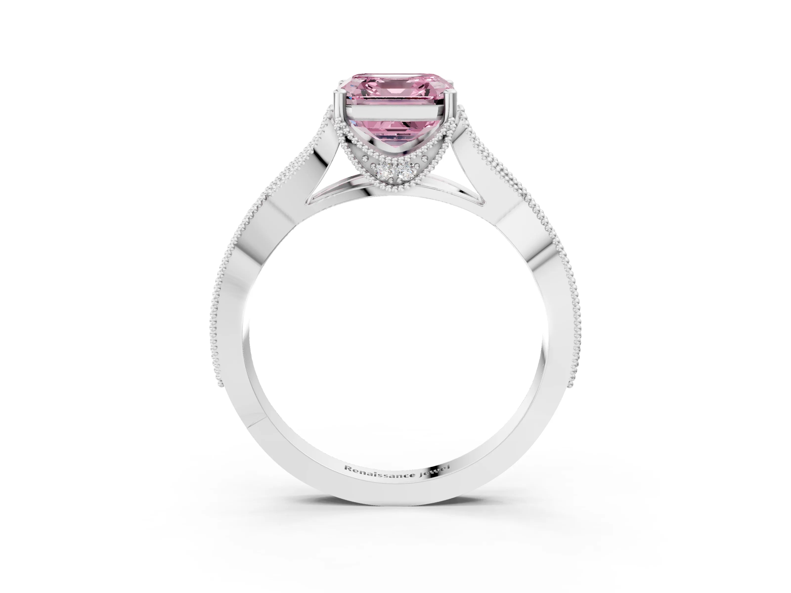 White gold Fancy Pink Asscher Cut Cut Diamond Twisted Band with Milgrain Pave Setting and Four-Prong Setting_15