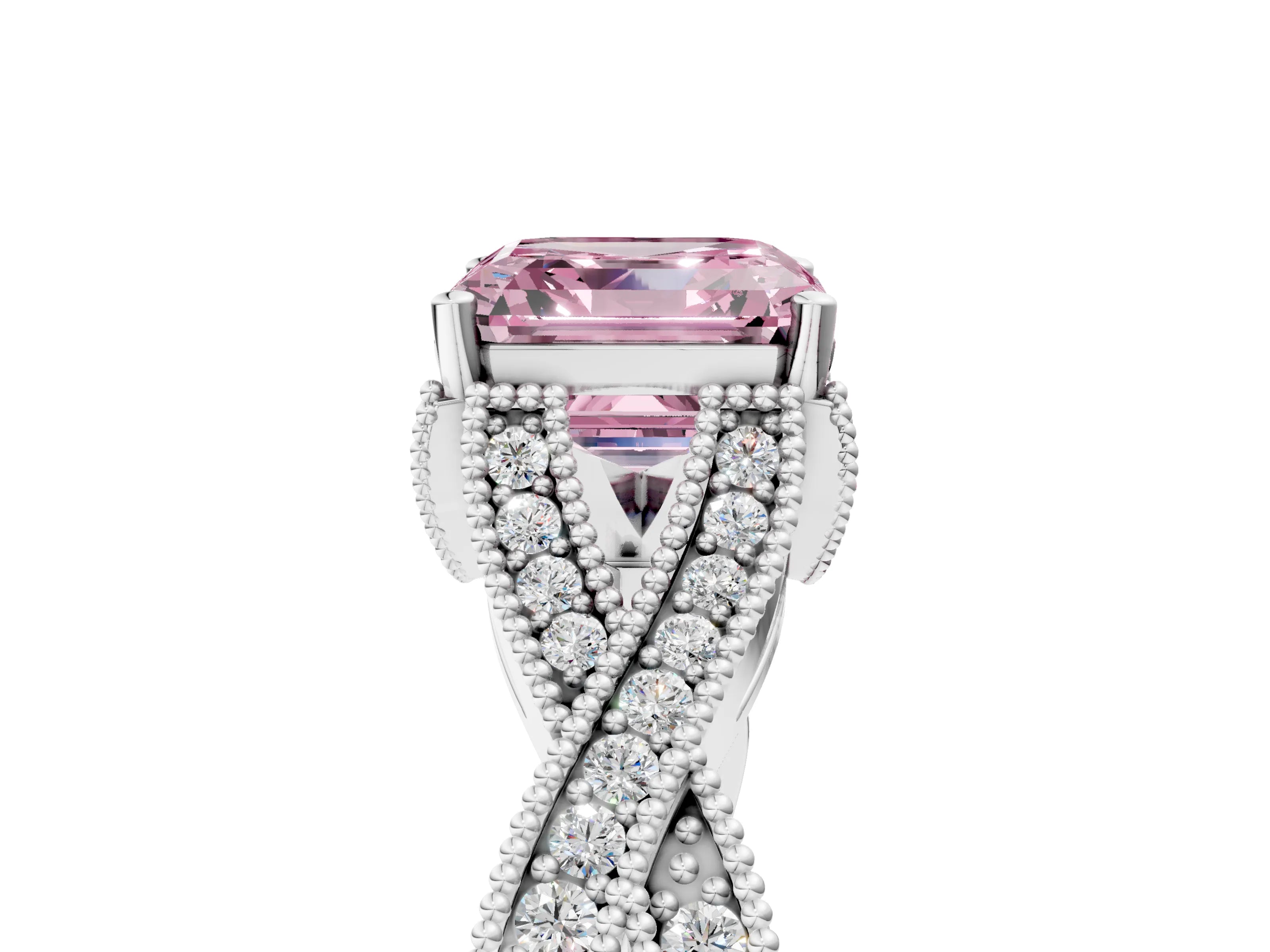 White gold Fancy Pink Asscher Cut Cut Diamond Twisted Band with Milgrain Pave Setting and Four-Prong Setting_17