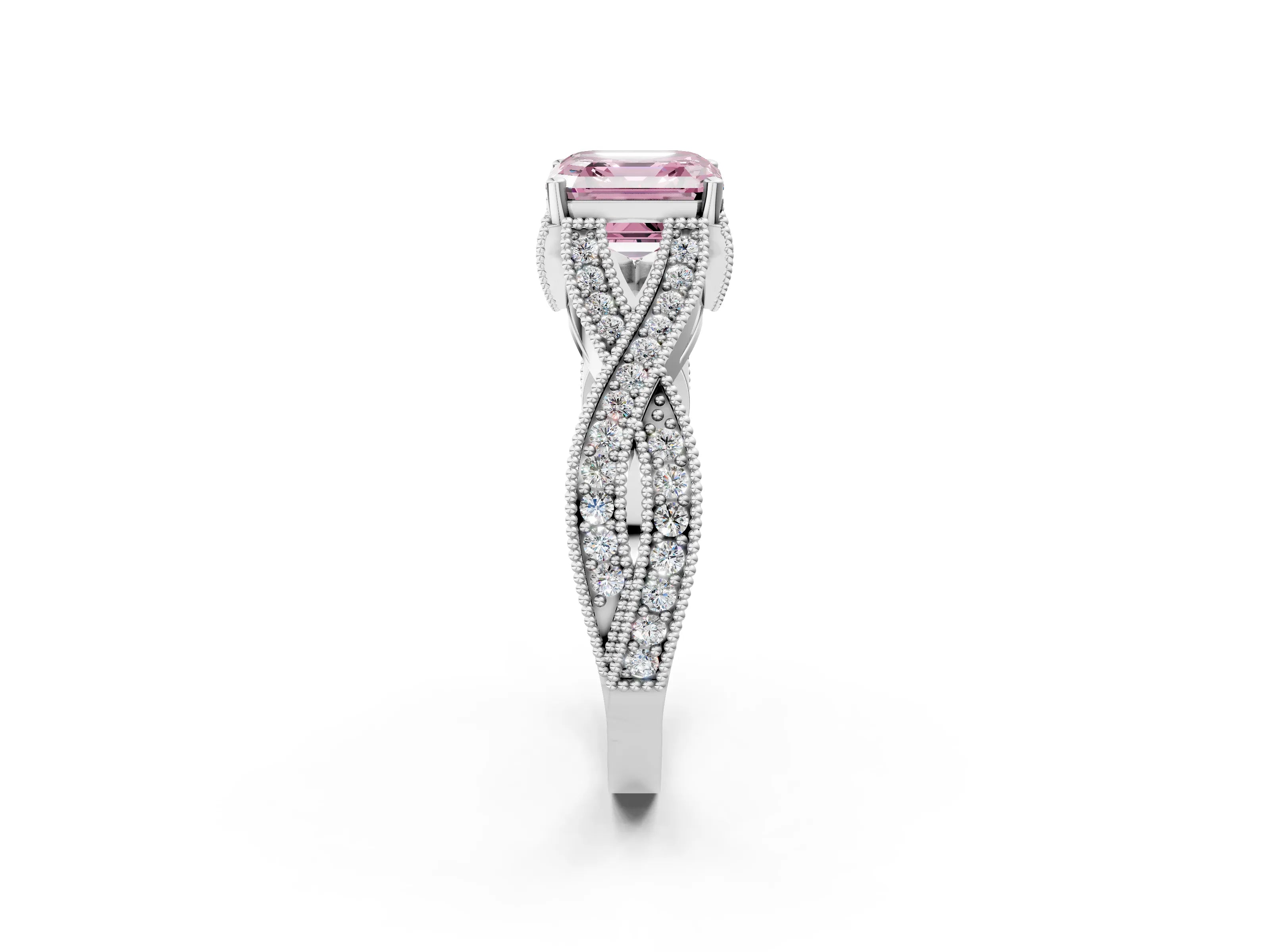 White gold Fancy Pink Asscher Cut Cut Diamond Twisted Band with Milgrain Pave Setting and Four-Prong Setting_2