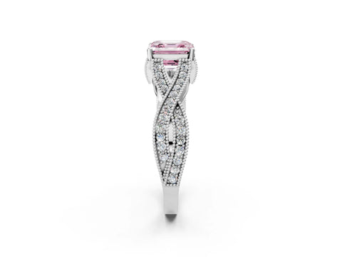 White gold Fancy Pink Asscher Cut Cut Diamond Twisted Band with Milgrain Pave Setting and Four-Prong Setting_2