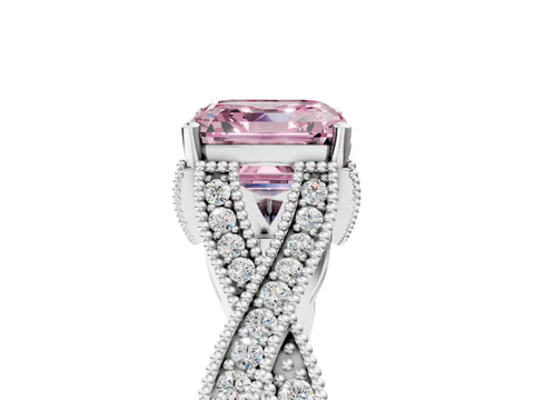 White gold Fancy Pink Asscher Cut Cut Diamond Twisted Band with Milgrain Pave Setting and Four-Prong Setting_5