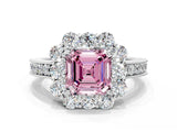 White gold Fancy Pink Asscher Cut Cut Halo Diamond Pavé Engagement Ring with Milgrain Detailing