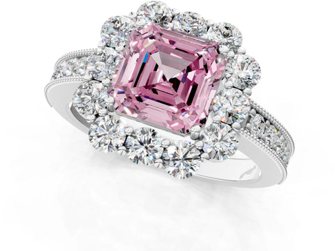 White gold Fancy Pink Asscher Cut Cut Halo Diamond Pavé Engagement Ring with Milgrain Detailing_13