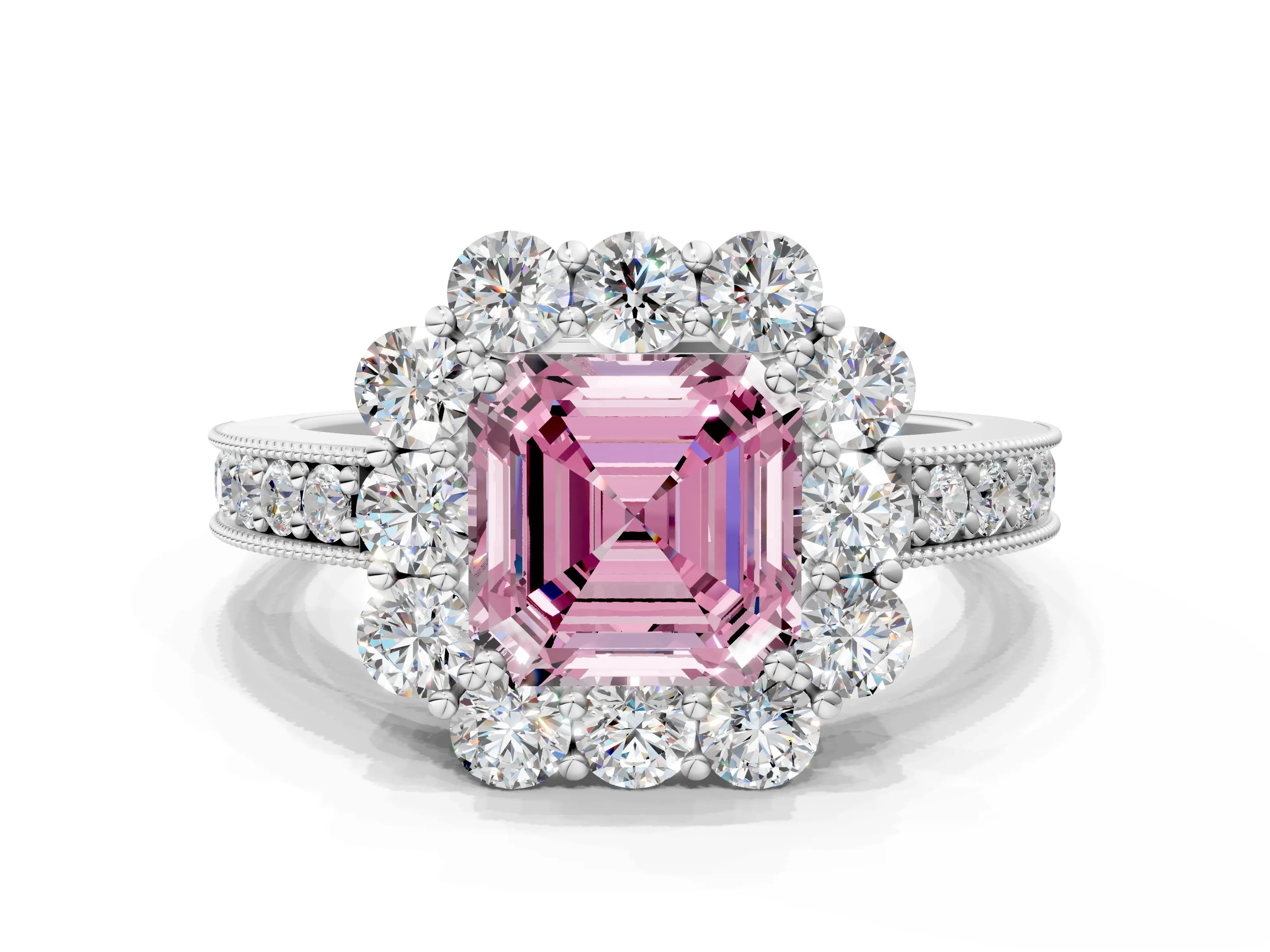 White gold Fancy Pink Asscher Cut Cut Halo Diamond Pavé Engagement Ring with Milgrain Detailing_24