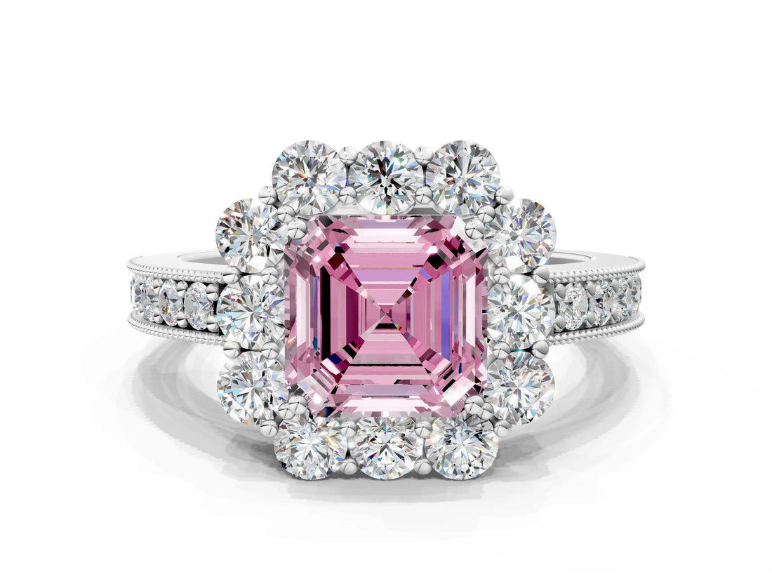 White gold Fancy Pink Asscher Cut Cut Halo Diamond Pavé Engagement Ring with Milgrain Detailing_24