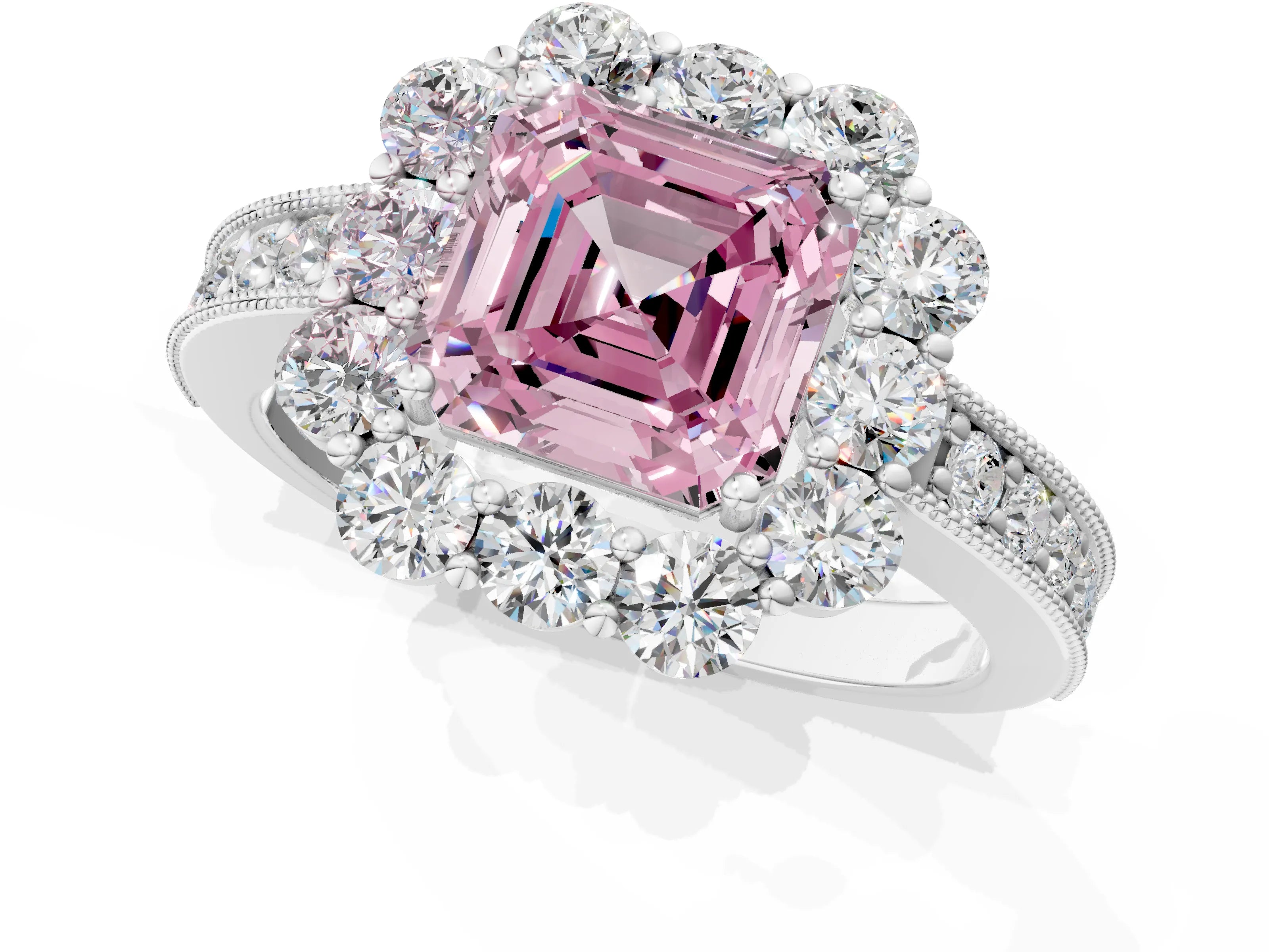 White gold Fancy Pink Asscher Cut Cut Halo Diamond Pavé Engagement Ring with Milgrain Detailing_25