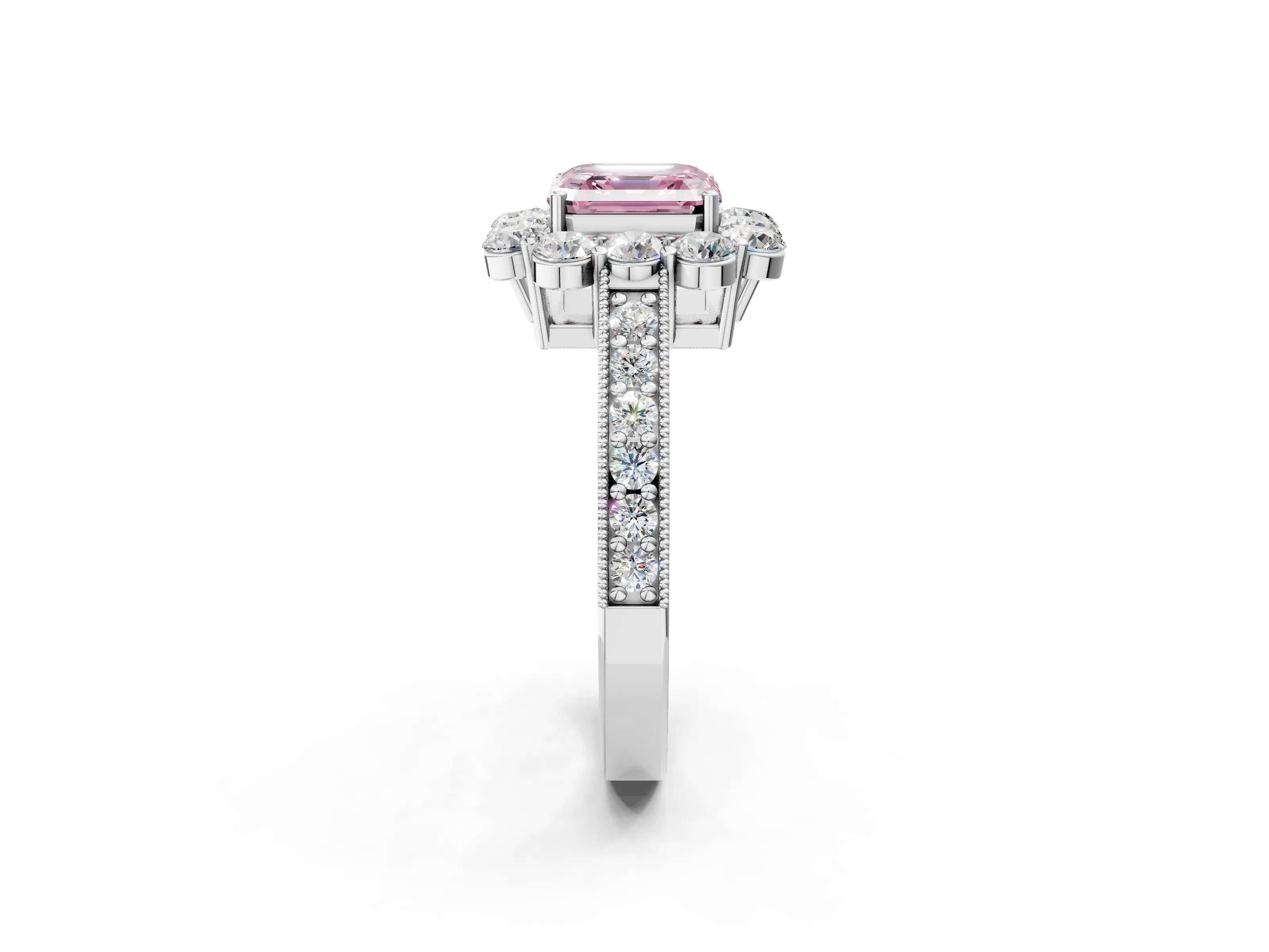 White gold Fancy Pink Asscher Cut Cut Halo Diamond Pavé Engagement Ring with Milgrain Detailing_2