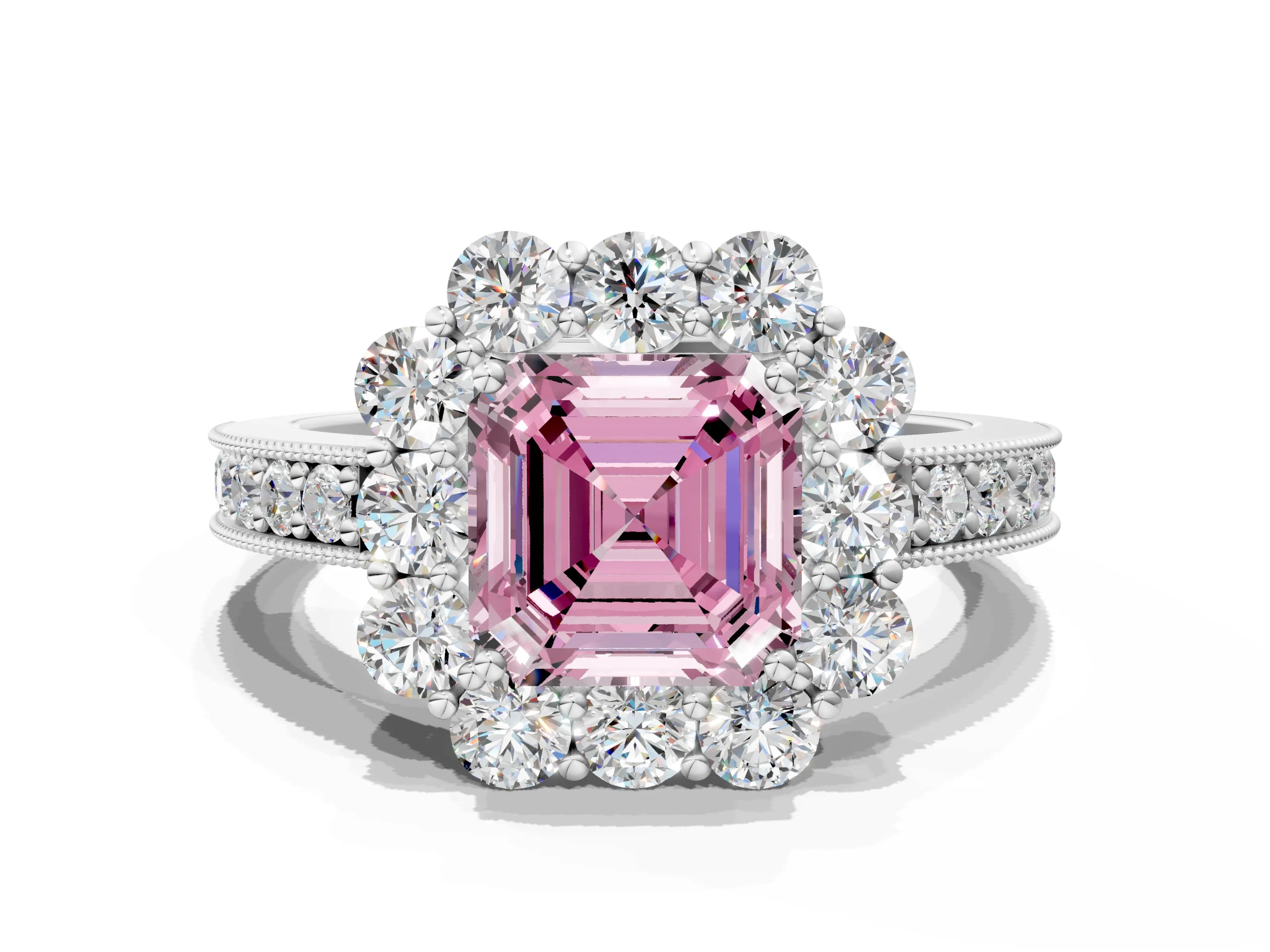 White gold Fancy Pink Asscher Cut Cut Halo Diamond Pavé Engagement Ring with Milgrain Detailing_34
