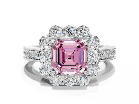 White gold Fancy Pink Asscher Cut Cut Halo Diamond Pavé Engagement Ring with Milgrain Detailing_34
