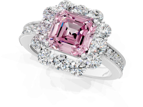White gold Fancy Pink Asscher Cut Cut Halo Diamond Pavé Engagement Ring with Milgrain Detailing_35