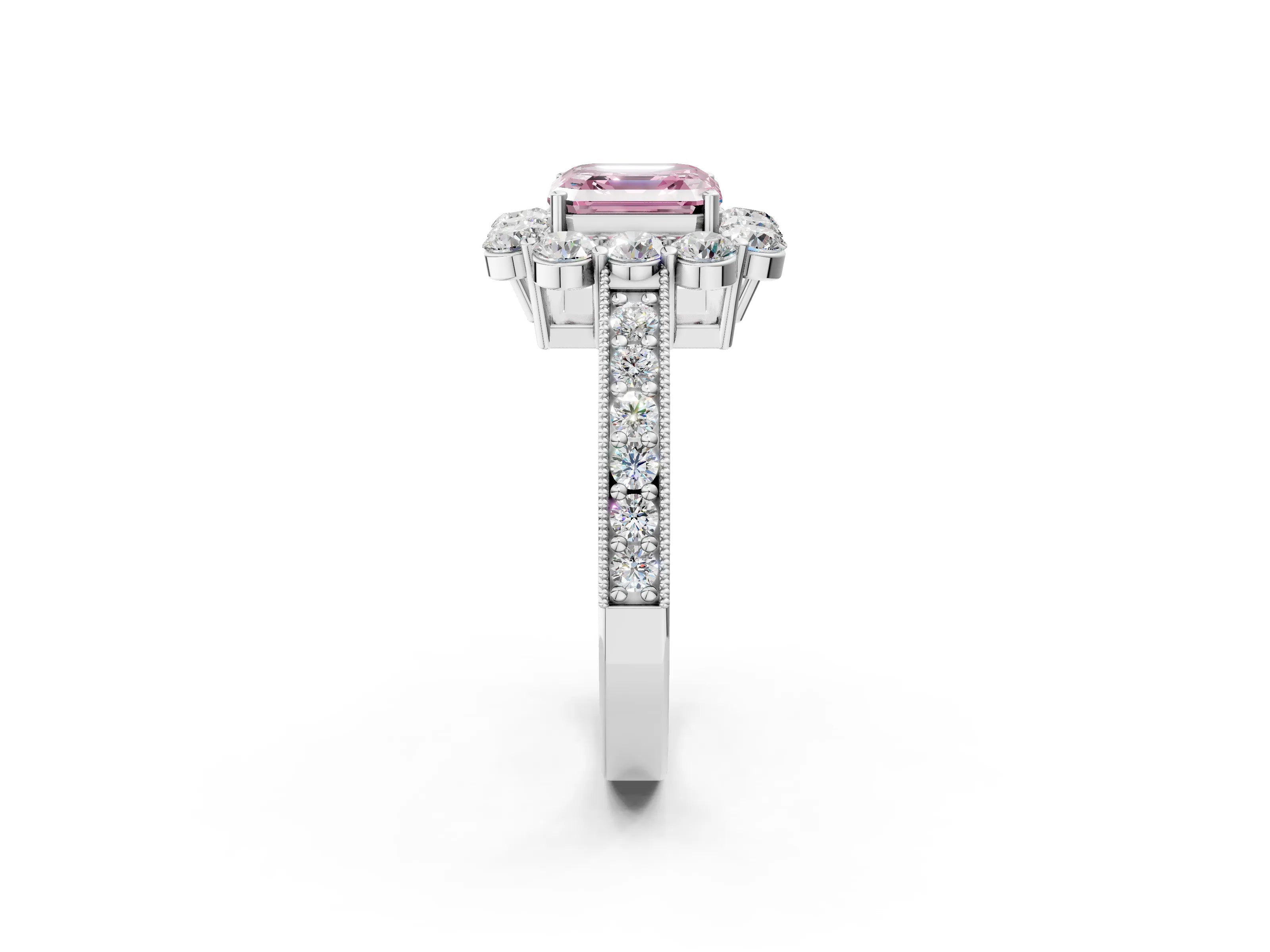 White gold Fancy Pink Asscher Cut Cut Halo Diamond Pavé Engagement Ring with Milgrain Detailing_36