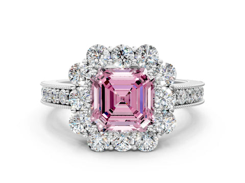 White gold Fancy Pink Asscher Cut Cut Halo Diamond Pavé Engagement Ring with Milgrain Detailing_46