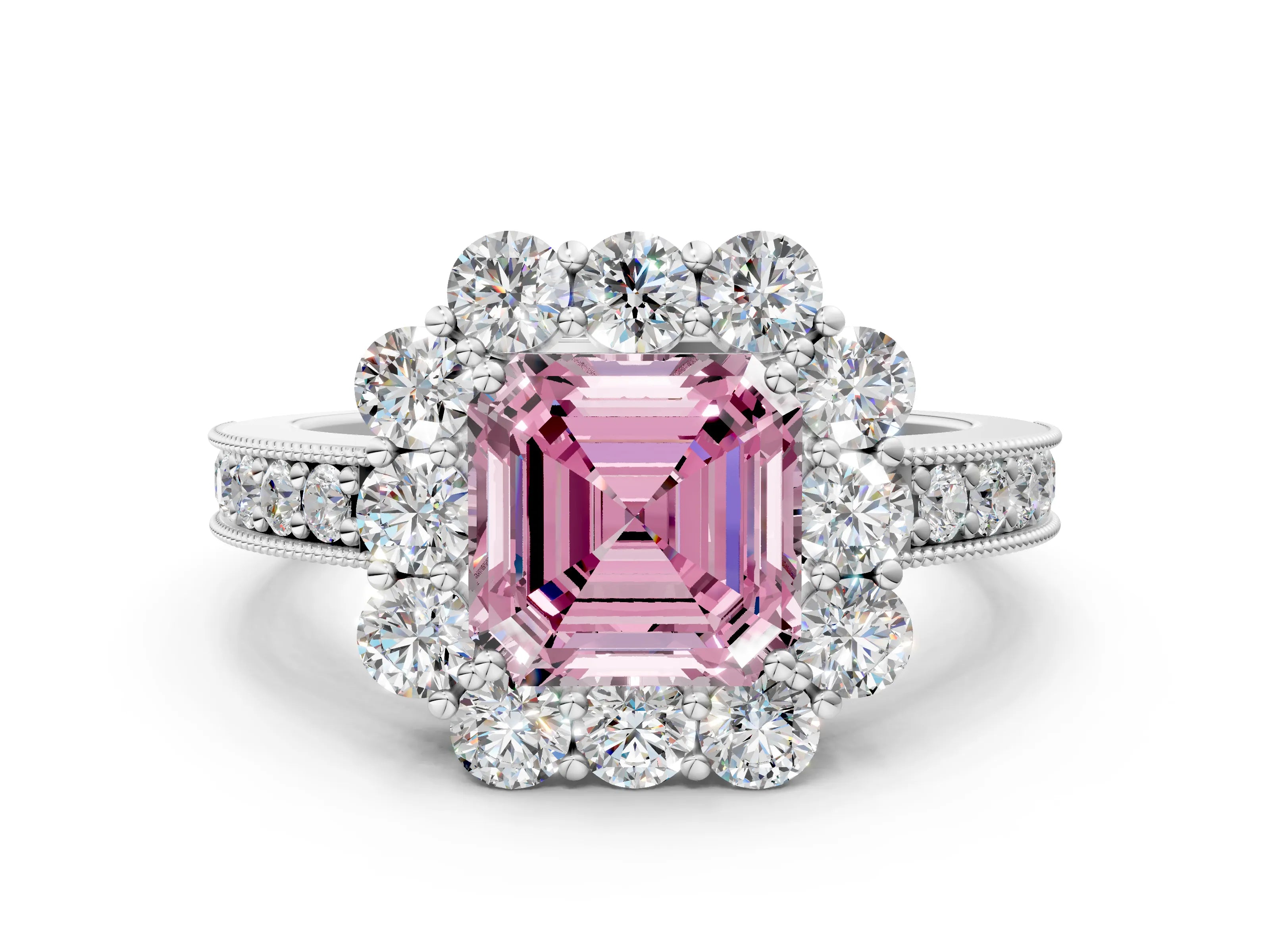 White gold Fancy Pink Asscher Cut Cut Halo Diamond Pavé Engagement Ring with Milgrain Detailing_6