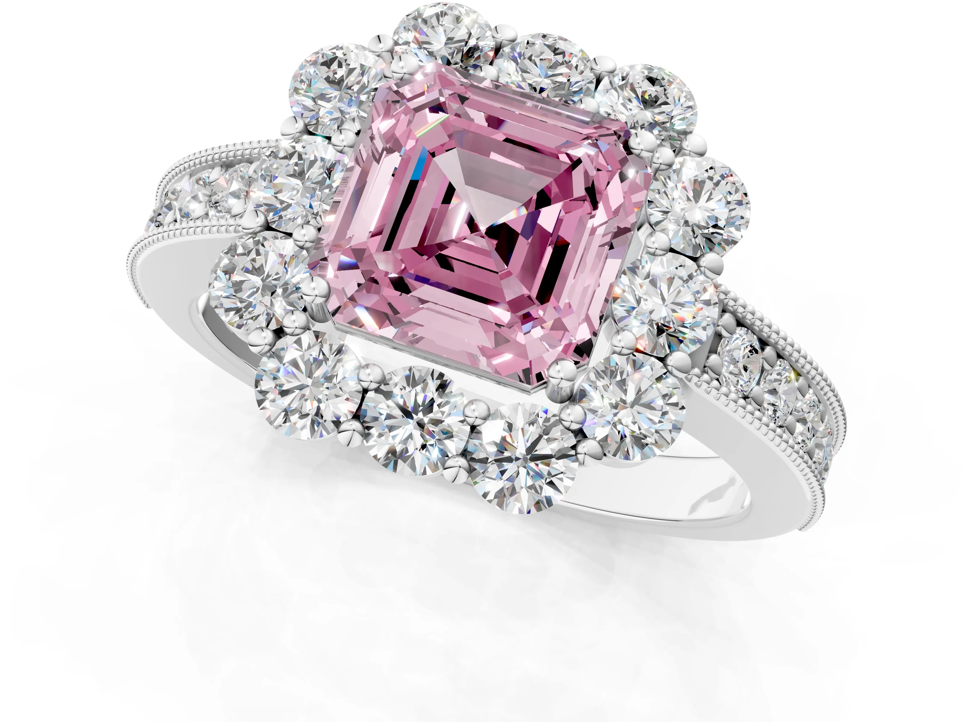 White gold Fancy Pink Asscher Cut Cut Halo Diamond Pavé Engagement Ring with Milgrain Detailing_7