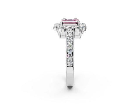 White gold Fancy Pink Asscher Cut Cut Halo Diamond Pavé Engagement Ring with Milgrain Detailing_8