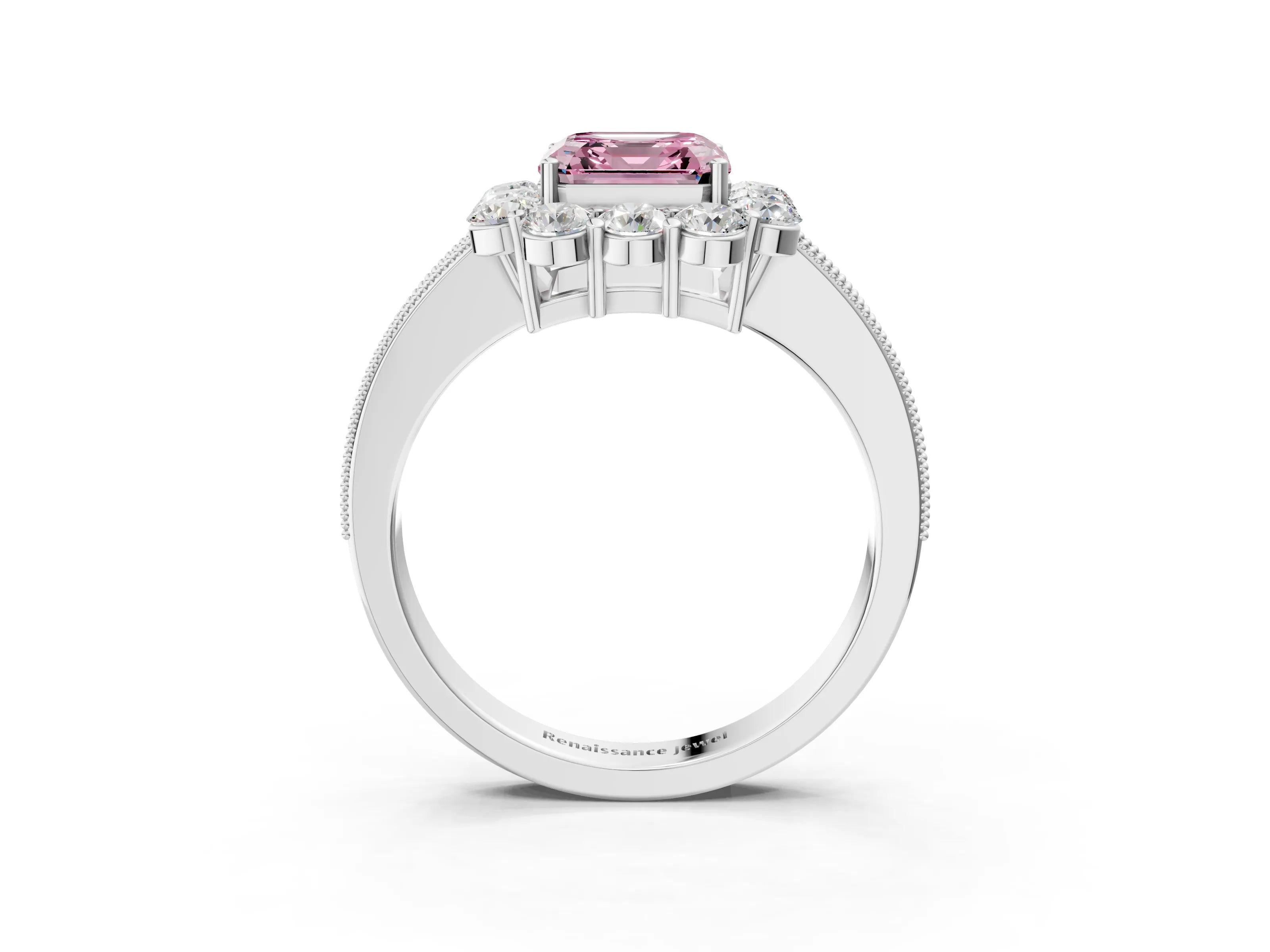 White gold Fancy Pink Asscher Cut Cut Halo Diamond Pavé Engagement Ring with Milgrain Detailing_9