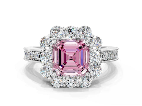 White gold Fancy Pink Asscher Cut Cut Halo Diamond Pavé Engagement Ring with Milgrain Detailing