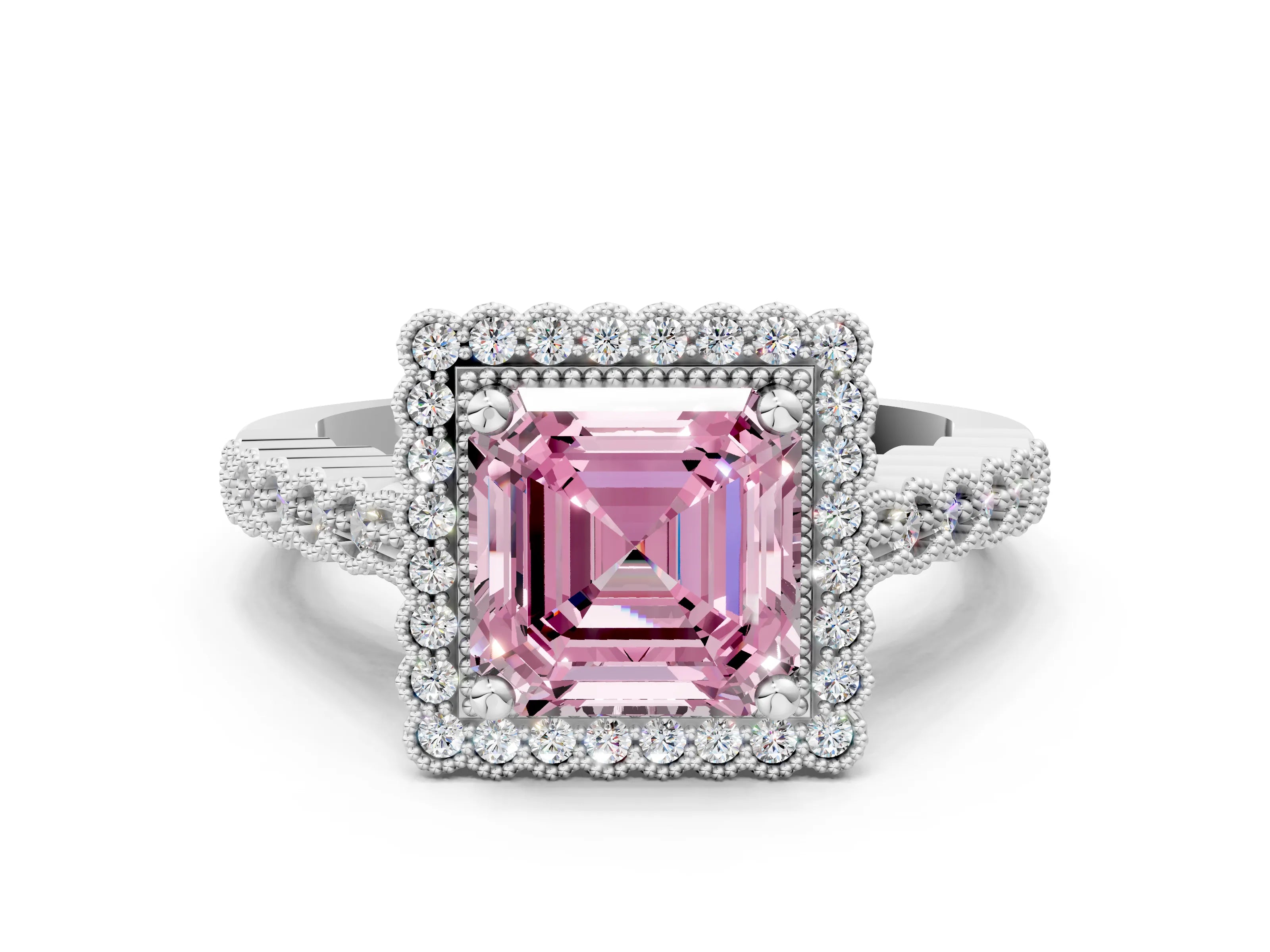 White gold Fancy Pink Asscher Cut Cut Halo Pavé Solitaire Ring with Milgrain Band_12