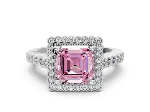 White gold Fancy Pink Asscher Cut Cut Halo Pavé Solitaire Ring with Milgrain Band_12