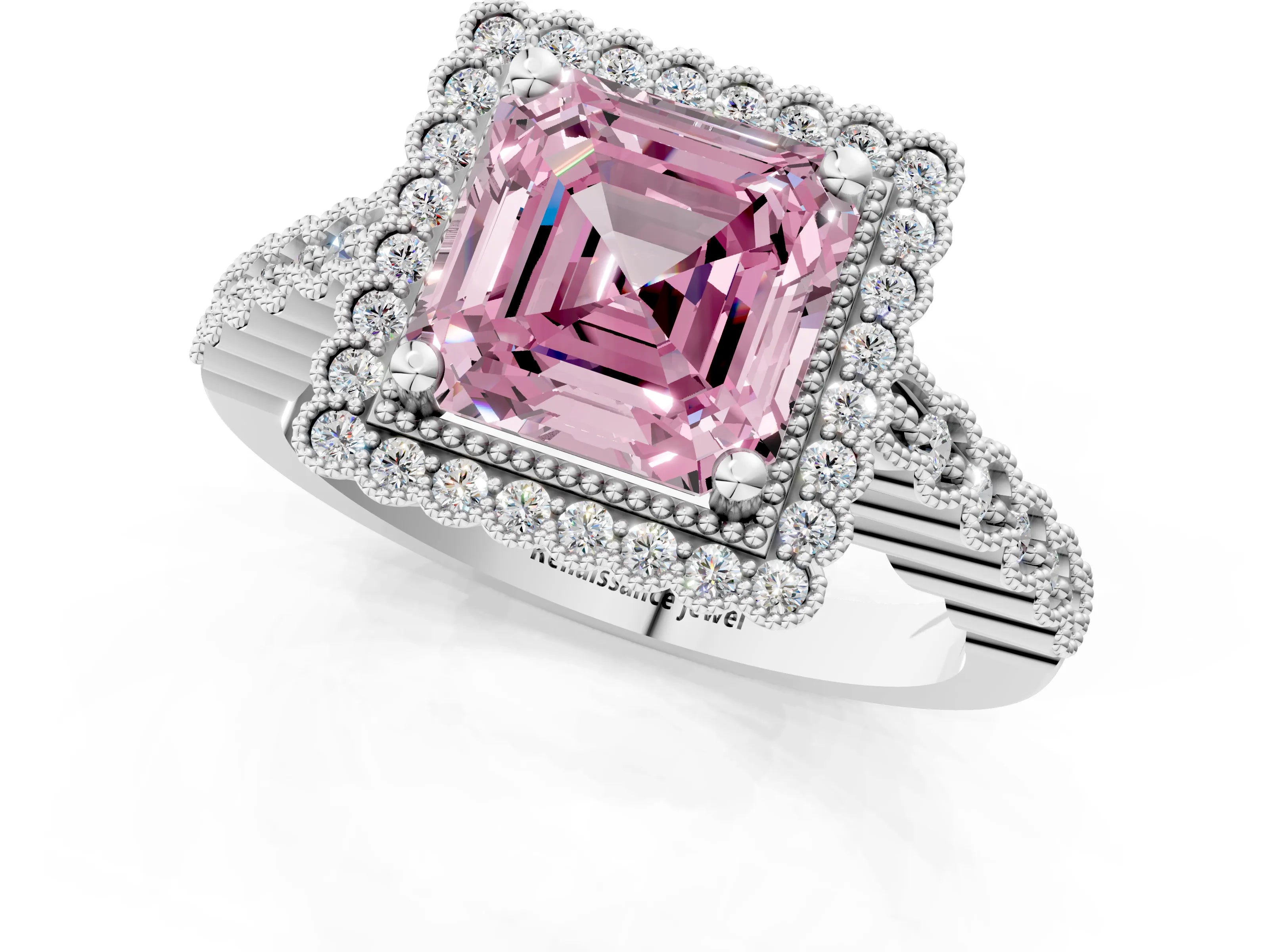White gold Fancy Pink Asscher Cut Cut Halo Pavé Solitaire Ring with Milgrain Band_13
