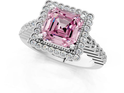 White gold Fancy Pink Asscher Cut Cut Halo Pavé Solitaire Ring with Milgrain Band_13
