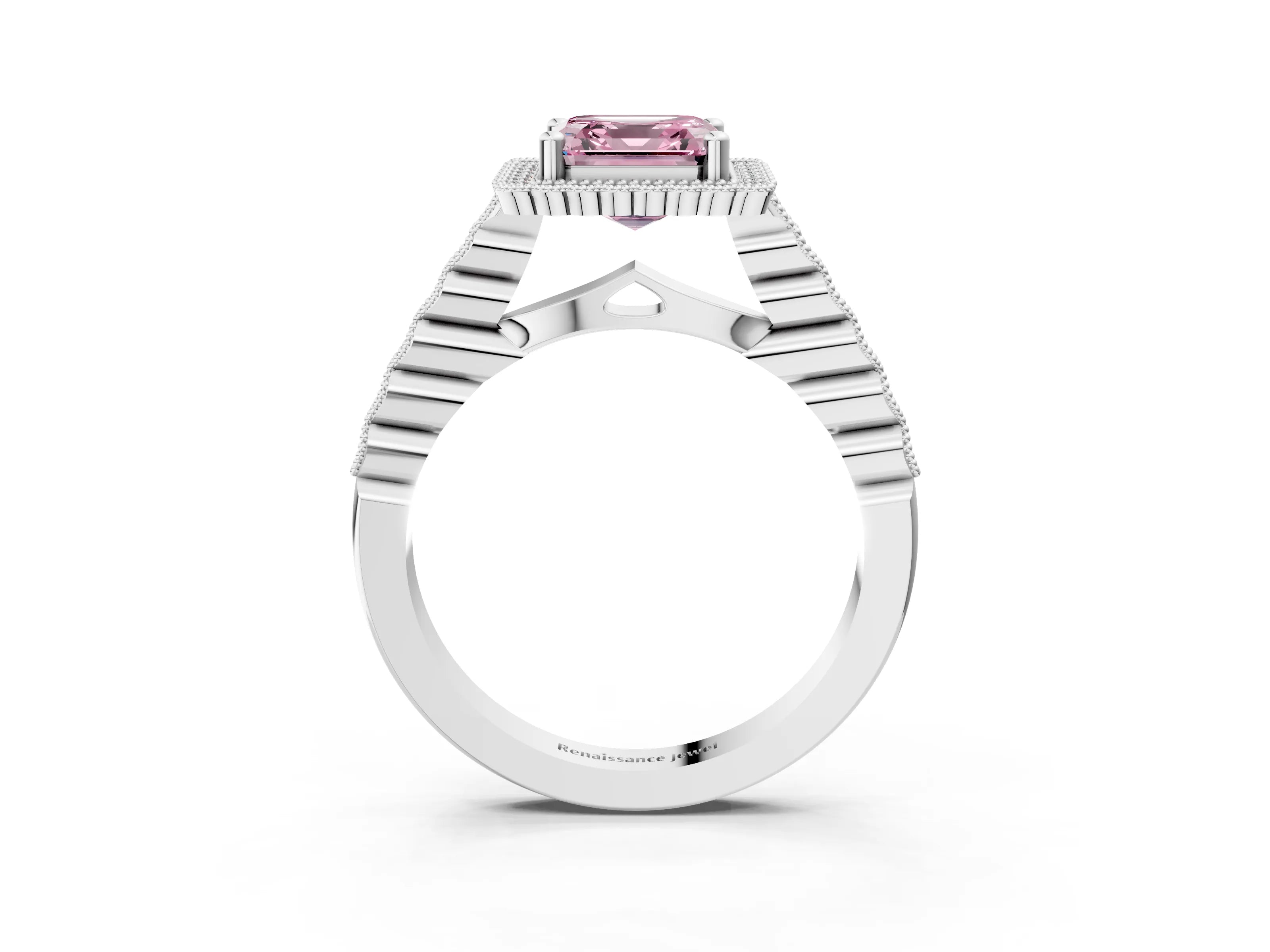 White gold Fancy Pink Asscher Cut Cut Halo Pavé Solitaire Ring with Milgrain Band_15
