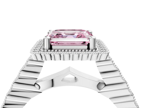 White gold Fancy Pink Asscher Cut Cut Halo Pavé Solitaire Ring with Milgrain Band_16