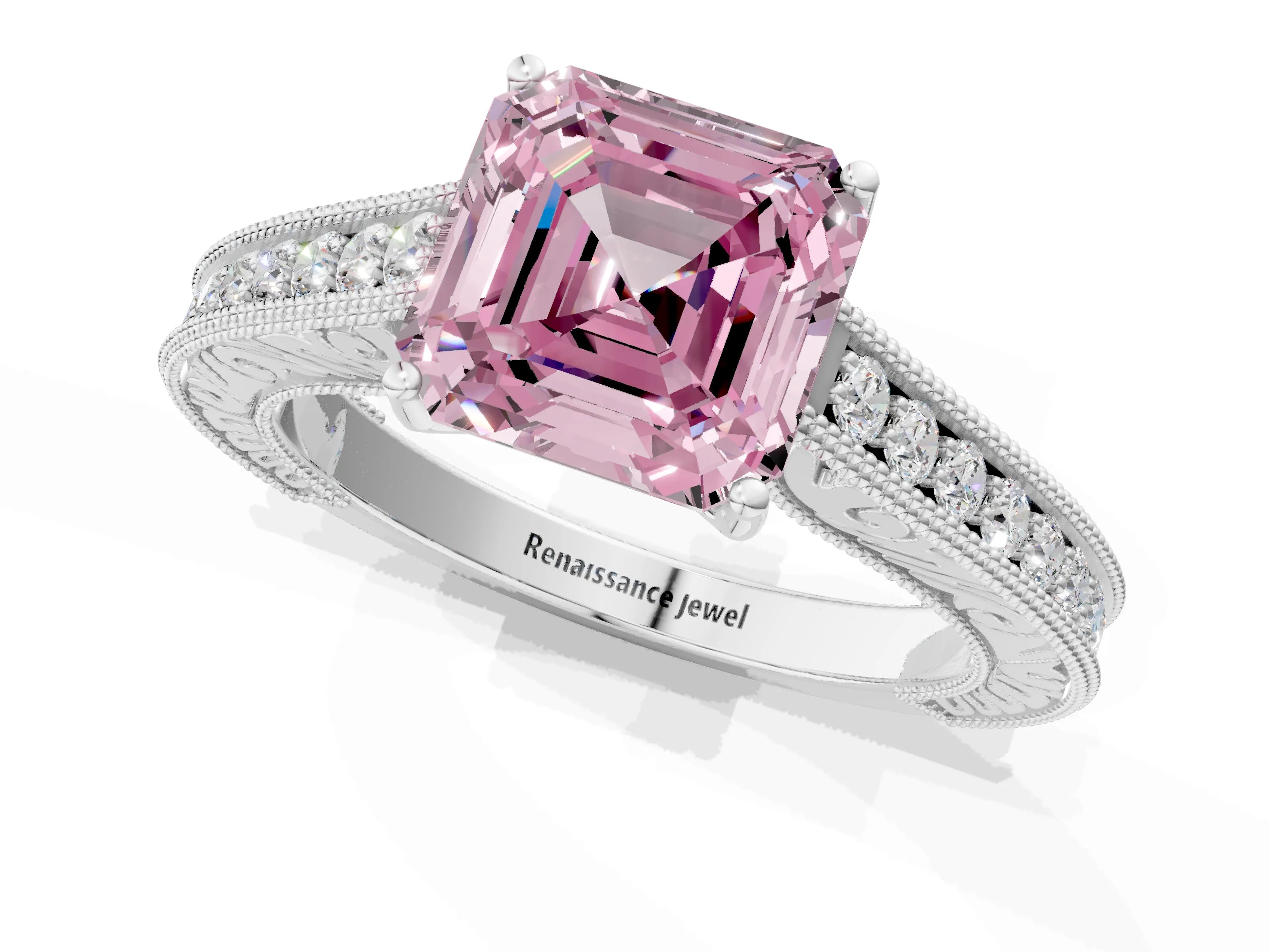 White gold Fancy Pink Asscher Cut Cut Pave Band Milgrain Solitaire Ring_1
